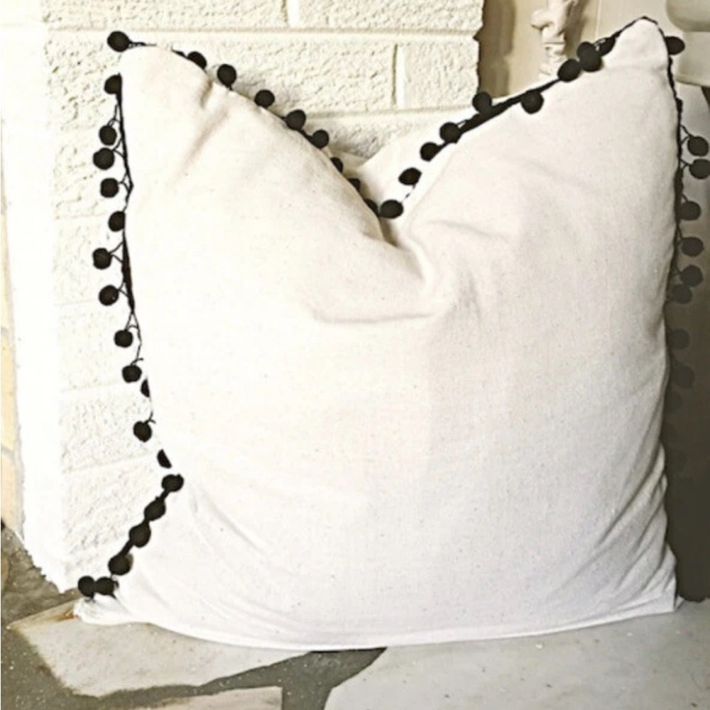 Set/2 Cream Pillow Covers w/ Black Pom Pom Trim - Boho Modern Home Decor 18”x18”